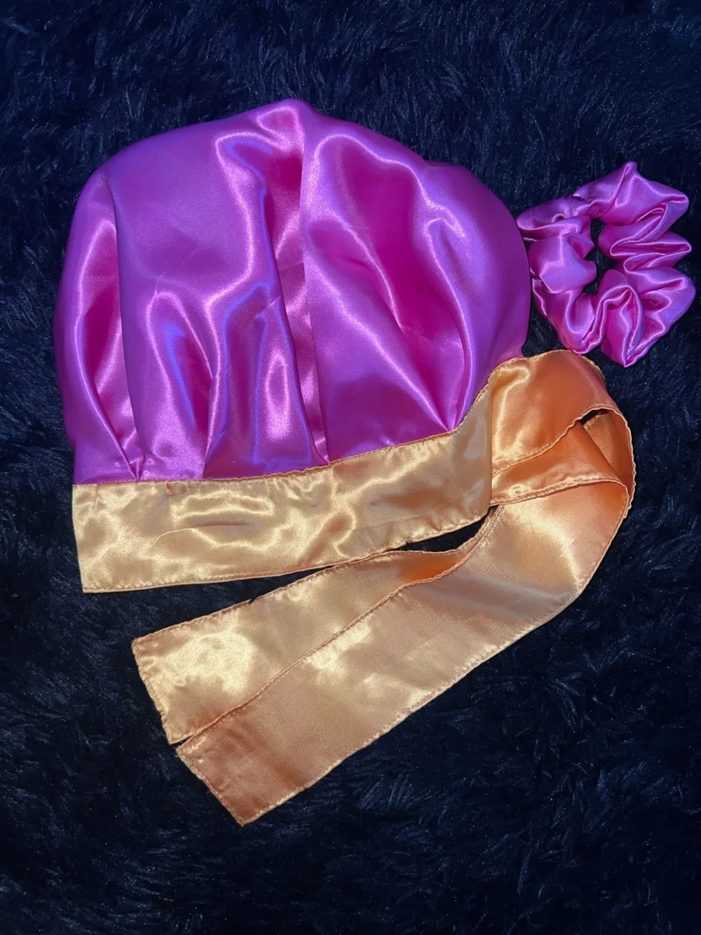 Satin Reversible Hair Bonnet & Scrunchie Set - Gold with Hot Pink